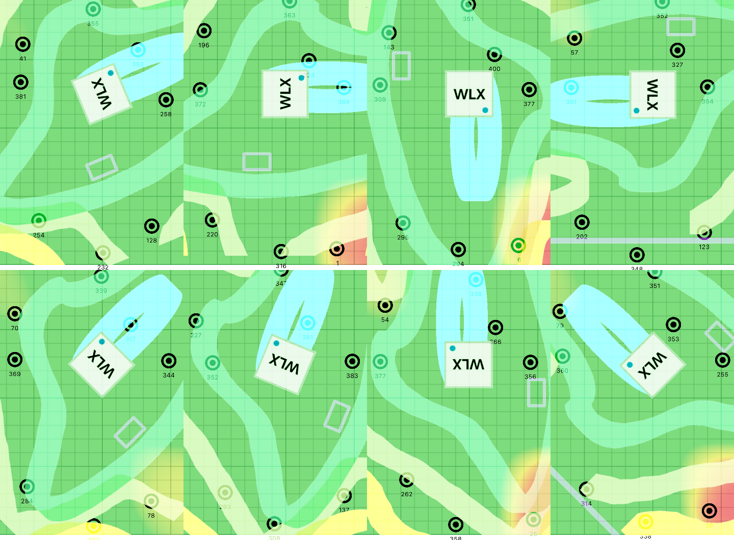 WLX212を様々な方角で設置したときのWi-Fiミレルの計測結果に、YAMAHAによるサイトサーベイを重ねたイメージ